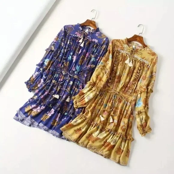 Floral Ruffle Long Sleeve Fall Boho Mini Dress - Picture 4 of 6